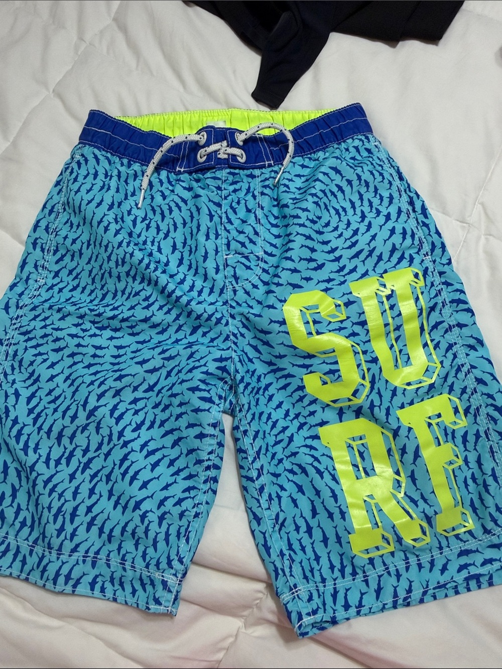 GAP Blue Shark-Print Athletic Shorts with Neon Yellow SURF Graphic